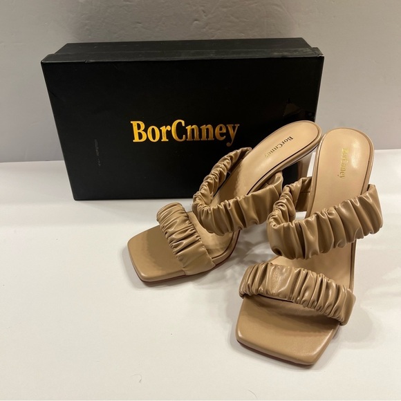 BorCnney Womens Heels Slip On Open Toe Ruched Straps - Picture 9 of 10